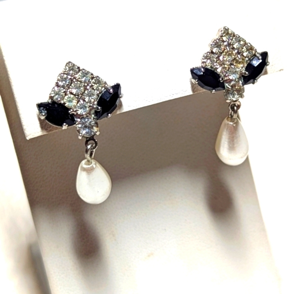 Vintage Black & Clear Rhinestone Faux Pearl Drop Pierced Earrings